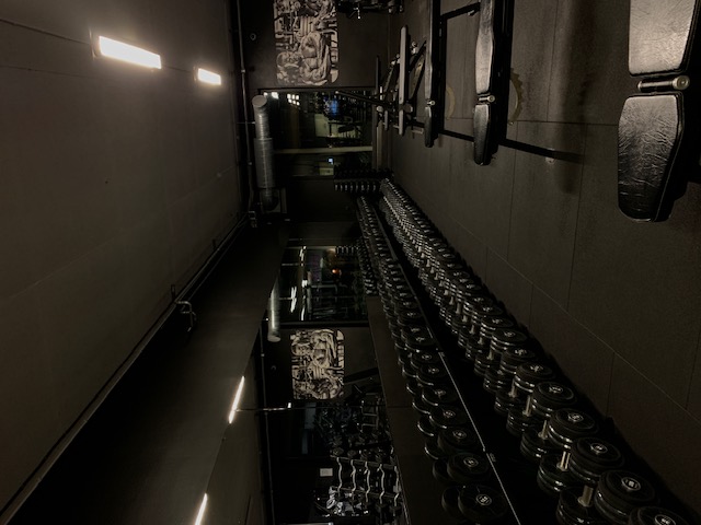 A dark picture of a gym's dumbbells in a row of several benches, in the middle of the night, with little light.