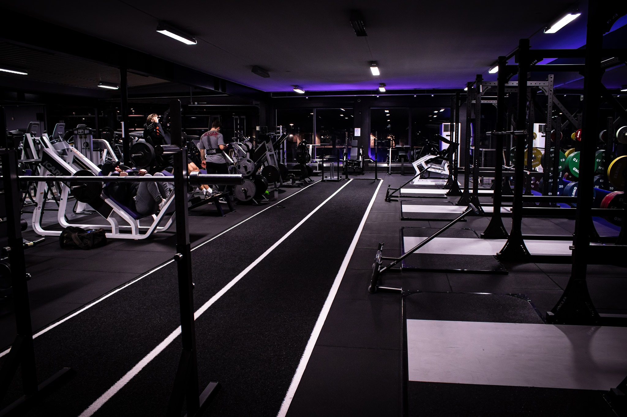 An image showing an overview of Gladius' gym, with people working out, it's dark outside and reflects purple lights in the background.
